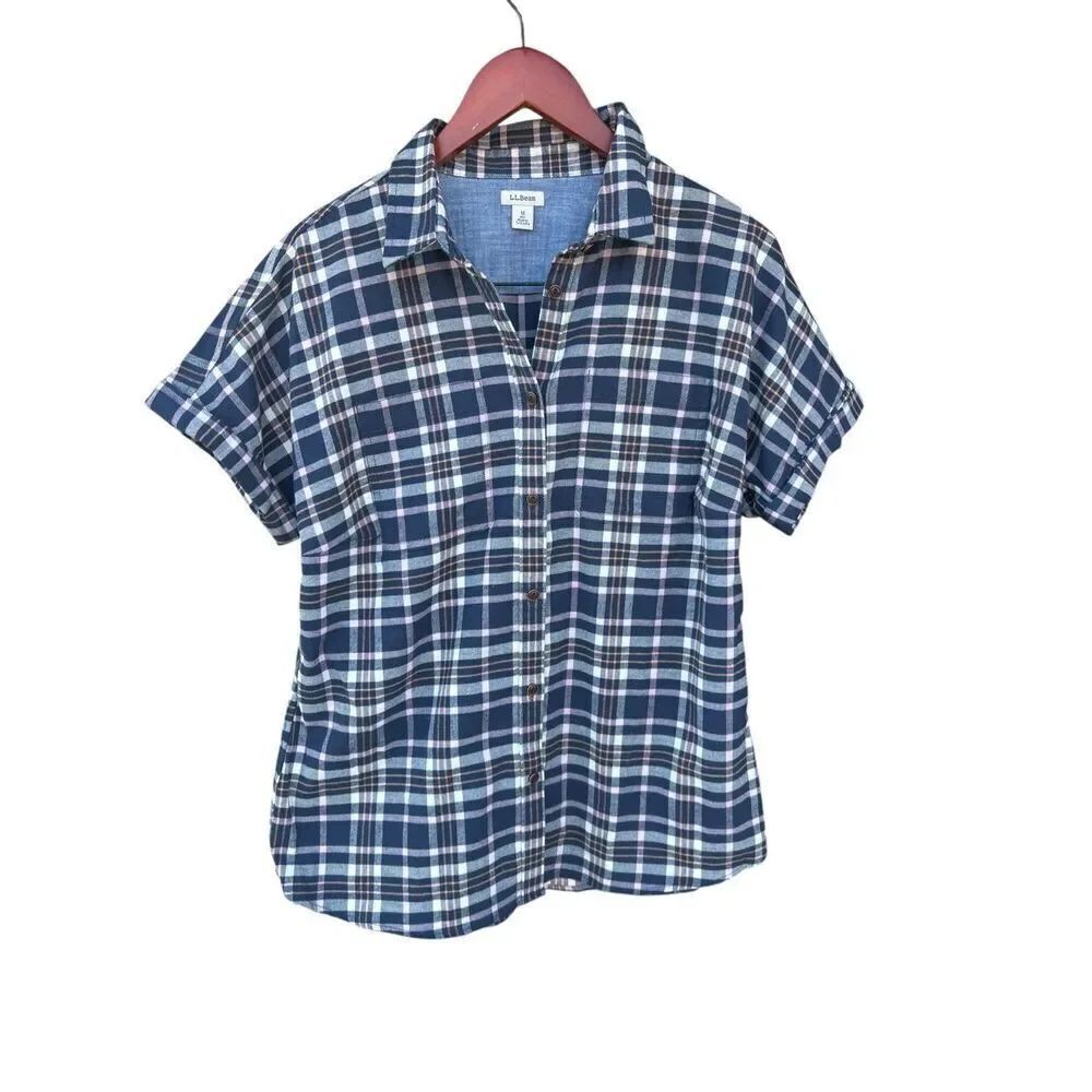 LL Bean Day breeze Shirt Womens M Short Sleeve Button Up Flannel Pocket Plaid